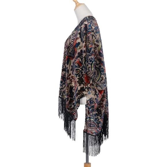 Burnout Velvet Floral Paisley Print Fringe Kimono Cardigan Shawl Poncho Cover Up - Picture 2 of 7
